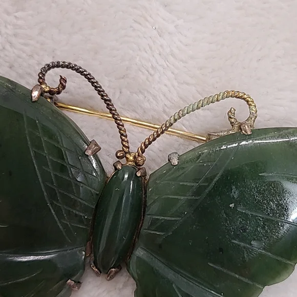 Vintage Carved Jade Butterfly Brooch